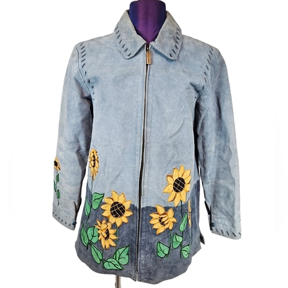 Quacker Factory Blue Suede Sunflower Patchwork Zip Up Jacket Size‎ Small Women's - Picture 1 of 13